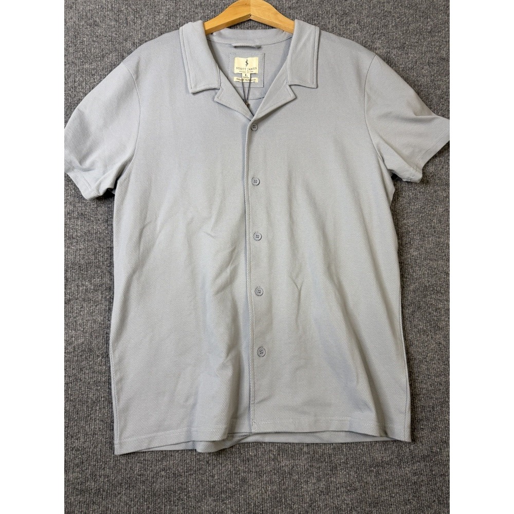 Scott James Mens Large Textured Knit Camp Collar Button Shirt Light Blue NWT